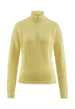 Gelber Strickpullover mit einem hohen Kragen und einem halblangen Reißverschluss. Strukturierter Stoff mit gerippten Akzenten an den Bündchen und dem Saum.