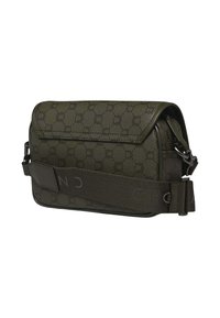 Sac bandoulière vert olive en matériau texturé, avec un motif logo discret, fermeture éclair et une large sangle ajustable.