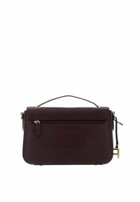 Dark brown leather handbag with top handle, back zipper pocket, and gold-tone hardware, shown against a white background.