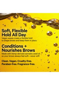 Yellow liquid with bubbles background, text highlighting vegan, flexible hold eyebrow wax with hemp seed oil that nourishes brows.