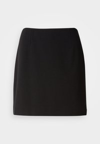 Svart skjørt med en tettsittende silhuett, laget av et glatt stoff. Har subtile frontfolder og en design som når midt på låret.