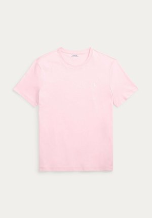 T-shirt rosa chiaro a maniche corte con scollo rotondo e piccolo logo bianco Polo Ralph Lauren sul petto sinistro.