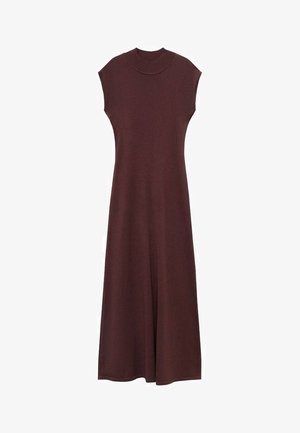 Bordowa dzianinowa sukienka z wysokim dekoltem, krótkimi rękawami i rozkloszowanym krojem. Charakteryzuje się gładką fakturą i długością do kostek.