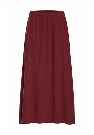 En lang, bordeauxfarvet nederdel lavet af tekstureret stof, med en elastisk talje og en svævende silhuet. Ingen synlige mønstre eller detaljer.