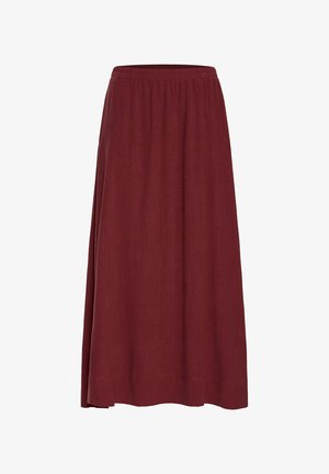 En lang, bordeauxfarvet nederdel lavet af tekstureret stof, med en elastisk talje og en svævende silhuet. Ingen synlige mønstre eller detaljer.