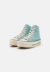 High-top sneakers in light blue suede with gold eyelets and cream laces. Features a thick, textured sole and black accent stripe.