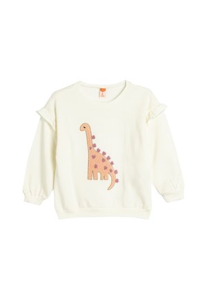 Sudadera blanca de manga larga, con detalles arrugados, que presenta un diseño de dinosaurio rosa con manchas moradas y un cuello redondeado.