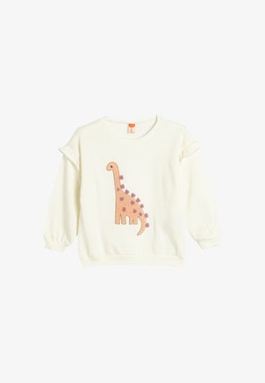 Witte sweatshirt met lange mouwen, ruches, met een ontwerp van een roze dinosaurus met paarse vlekken en een ronde halslijn.