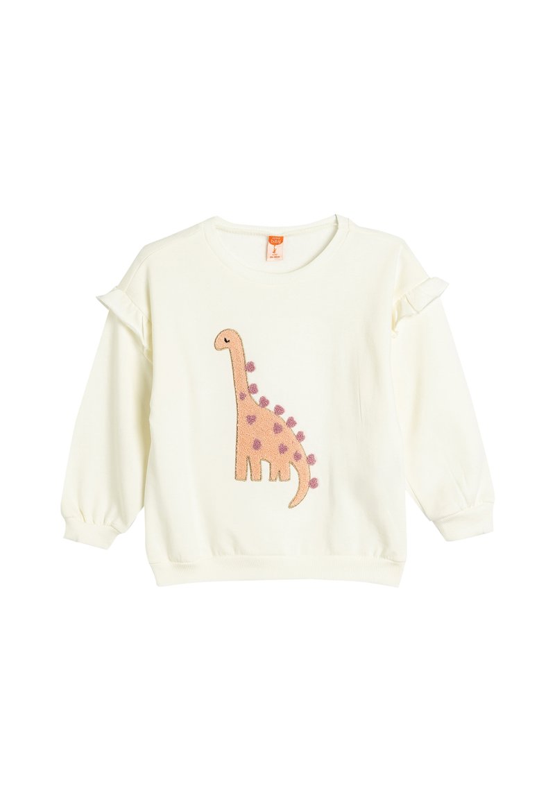 Witte sweatshirt met lange mouwen, ruches, met een ontwerp van een roze dinosaurus met paarse vlekken en een ronde halslijn.