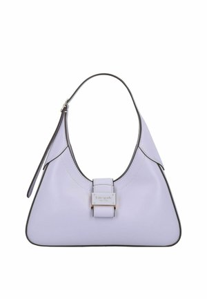 Purple leather handbag with a wide, curved strap, rectangular buckle detail, contrasting dark trim, and a smooth texture.