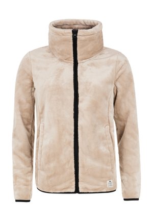 Beige fleece jacket with high collar, black zipper, two front pockets, and contrasting black trim along the hem and cuffs. Soft texture.