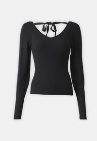 Musthave musta soonikko pikkanna, millel on V-kaelus ja sidumisdetail seljaosas. Üksikvärv, kehasopituv disain ja tekstureeritud kangas.