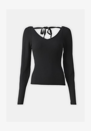 Črni rebrasti dolgi rokavi s tako imenovanim V-izrezom in vozeljnikom na hrbtni strani. Enobarvna, prilegajoča se zasnova iz teksturiranega materiala.