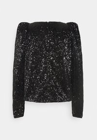 Czarna, cekinowa bluzka z długim rękawem, z kwadratowym dekoltem i bufkami. Gładka faktura z odbijającymi światło cekinami.