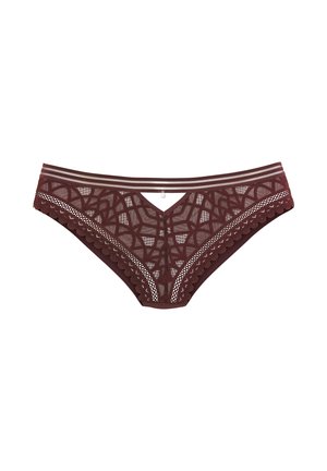 Maroon lace panties featuring a geometric pattern, scalloped edges, and a v-shaped front. Thin striped waistband with a small embellishment.