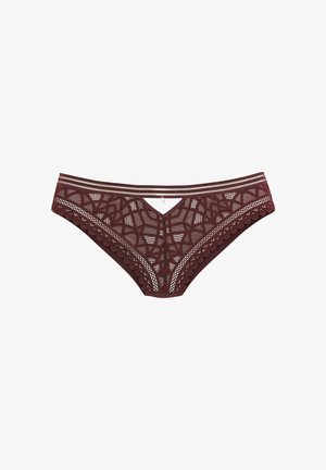 Maroon lace panties featuring a geometric pattern, scalloped edges, and a v-shaped front. Thin striped waistband with a small embellishment.