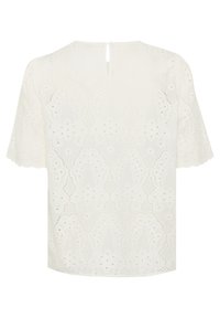 Blusa bianca con design a occhio di pernice, maniche corte e chiusura a chiave sul retro. Tessuto leggero e traspirante.