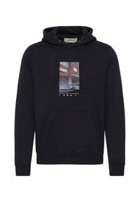 Sudadera negra de mezcla de algodón, con un bolsillo frontal, capucha con cordón y un estampado gráfico centrado en el pecho.