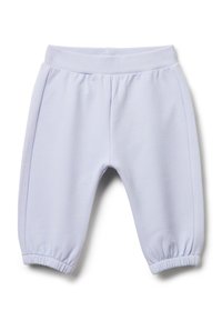 Pantaloni della tuta viola chiaro con vita elastica e polsini elasticizzati, realizzati in tessuto morbido e con dettagli sulle cuciture laterali.