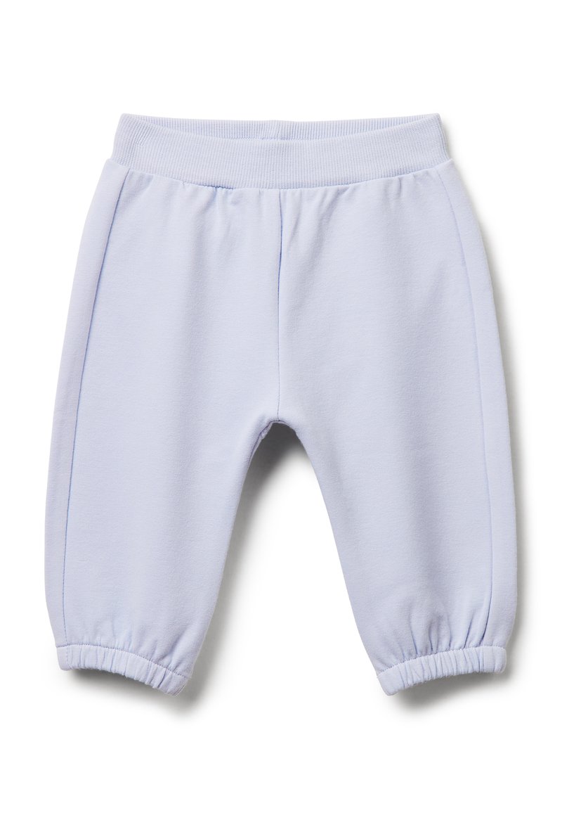 Pantaloni della tuta viola chiaro con vita elastica e polsini elasticizzati, realizzati in tessuto morbido e con dettagli sulle cuciture laterali.