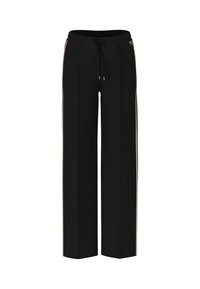 Black wide-leg pants with a drawstring waist, featuring side stripes in cream and burgundy. Smooth fabric and relaxed fit for comfort.