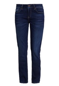 Donkerblauwe denim jeans met een slim fit, voorzien van een ritssluiting, vijf zakken en zichtbare stikseldetails, met een gladde textuur.