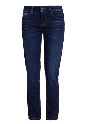 Dark blue denim jeans with a slim fit, featuring a zip fly, five pockets, and visible stitching details, offering a smooth texture.