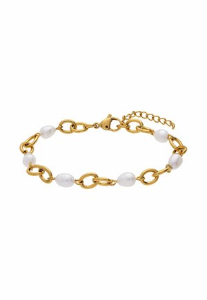 Gouden kettingarmband met onregelmatige witte parels gelijkmatig verdeeld, met een karabijnsluiting en een verstelbare schakelverlenging.