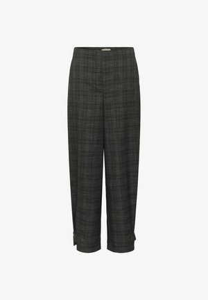 Checkered grey trousers with a relaxed fit, featuring a high waist, cuffed hems, and subtle texture for added detail.