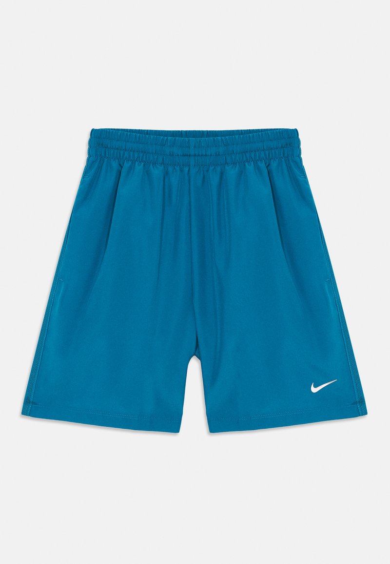 Pantalones cortos deportivos azules con cintura elástica y bolsillos laterales, que presentan un pequeño logo de Nike en blanco en la parte inferior de la pierna derecha.
