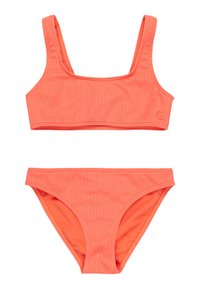 Korálový bikiny set s textúrovanou braletou s širokými ramienkami a zodpovedajúcimi nízkymi spodkami. Obe kusy sú hladké a elastické.