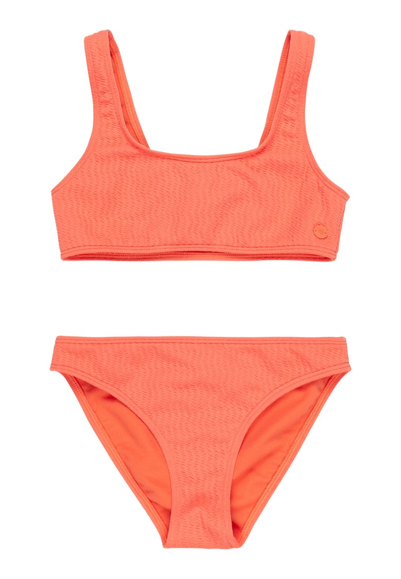 Korálový bikiny set s textúrovanou braletou s širokými ramienkami a zodpovedajúcimi nízkymi spodkami. Obe kusy sú hladké a elastické.