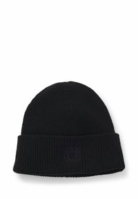 Czarna dziana czapka z prążkowaną fakturą, z podwiniętym mankietem i subtelnym haftowanym logo w kształcie uśmiechniętej buźki z przodu.