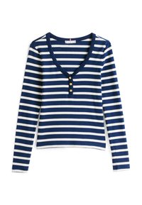 T-shirt à manches longues rayé bleu marine et blanc avec un décolleté en V, trois boutons dorés à l'avant et une coupe ajustée. Matière en mélange de coton.