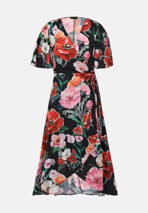 Robe portefeuille florale avec des manches courtes évasées, un fond noir et de grandes fleurs rouges et roses accompagnées de feuilles vertes. Tissu doux et léger.