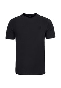 Camiseta negra de manga corta confeccionada en suave algodón, con un cuello redondo y un sutil logo bordado en el pecho.
