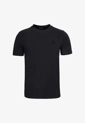 Czarny krótki t-shirt z miękkiej bawełny, z okrągłym dekoltem i subtelnym haftowanym logo na piersi.