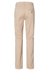 Pantalon en coton beige avec une coupe droite, présentant une poche arrière avec un bouton et une texture lisse. Aucuns motifs ni accessoires visibles.