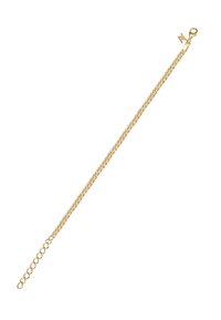 Gold-tone metal chain bracelet with interlocking round links, featuring a clasp and an adjustable extension chain with several loops.