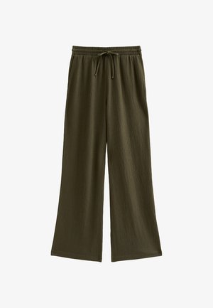 Olijfgroene, wijde broekspijpen gemaakt van getextureerde stof met een elastische tailleband en trekkoord. Kenmerkt zich door een ontspannen silhouet.