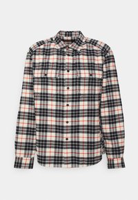 Camicia in flanella a quadri nei colori beige, navy e rosso. Presenta una chiusura con bottoni, due tasche sul petto e maniche lunghe. Texture morbida.
