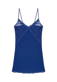 Camisole bleu marine avec dentelle sur le col et l'ourlet, dotée de bretelles spaghetti réglables et d'un corps lisse et semi-transparent.