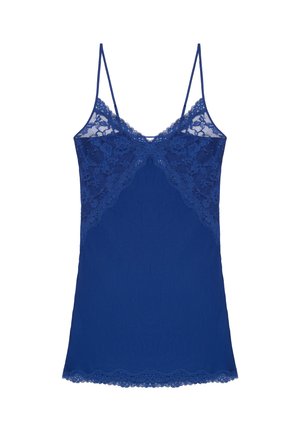 Camiseta azul marino con bordes de encaje en el escote y el dobladillo, con tirantes finos ajustables y un cuerpo suave y semi-translúcido.