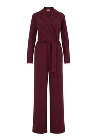 Bordeaux jumpsuit met lange mouwen, reverskraag en een striktaille. Gemaakt van structuurstof met wijde broekspijpen.