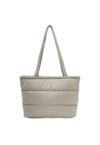 Beige puffer schoudertas met lange hengsels, voorzien van een geborduurd patroon en horizontale stiksels voor extra dimensie.