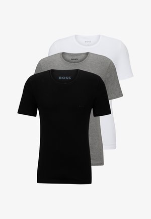 Three short-sleeve t-shirts in black, gray, and white, made of soft cotton with a round neck and small logo on the chest.