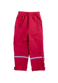 Rote wasserdichte Hose mit elastischem Bund, zwei Seitentaschen und reflektierenden Streifen an den Bündchen für bessere Sichtbarkeit.