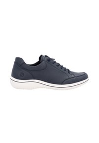 Marineblaue Leder-Schnürschuhe mit strukturiertem Finish, ausgestattet mit einer weißen Gummisohle und einem kleinen Logo an der Seite.