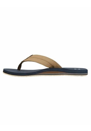 Sandali flip-flop marroni e blu con una cinghia strutturata, suola ammortizzata e suola bianca. Design leggero e casual, adatto per il clima caldo.