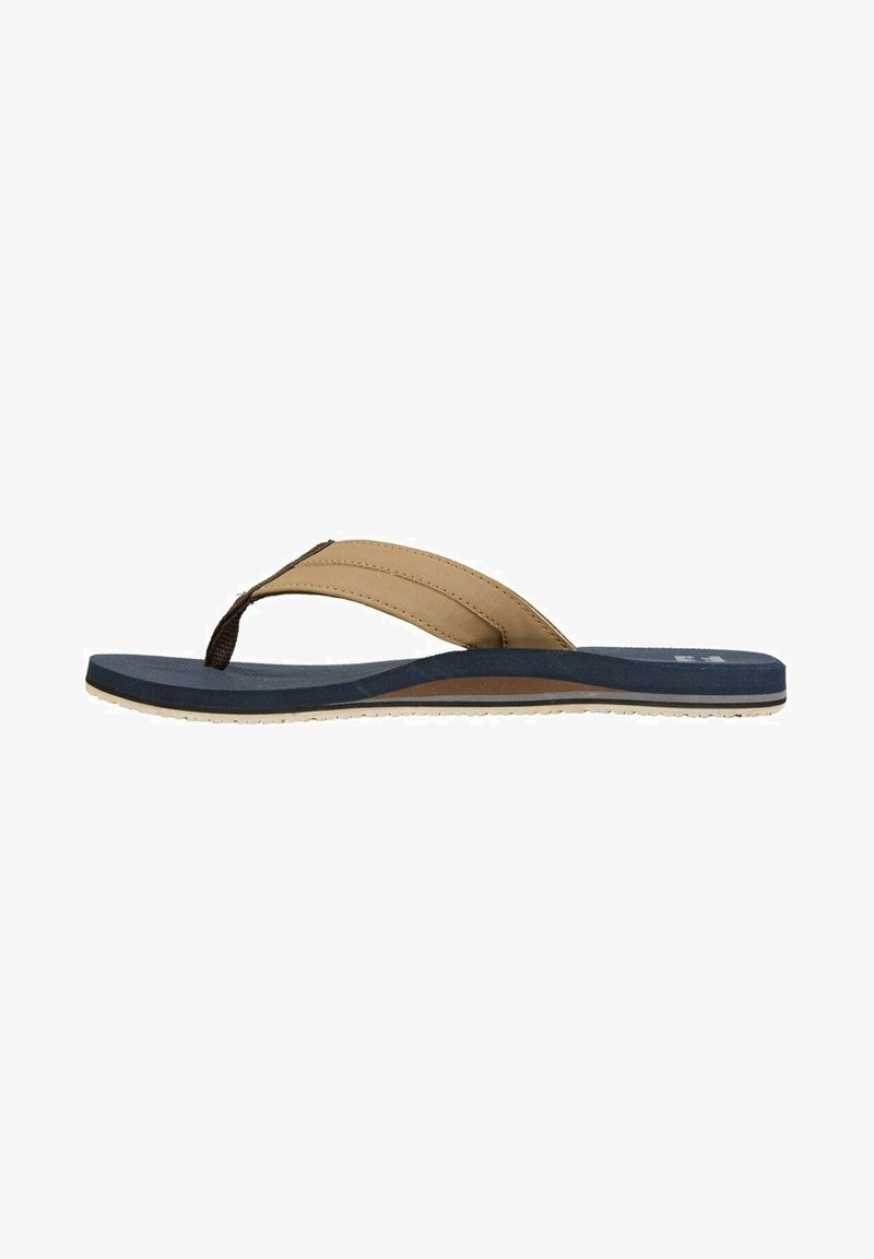 Chinelas de dedo castanhas e azuis com tiras texturizadas, palmilha almofadada e sola branca. Design leve e casual, adequado para climas quentes.